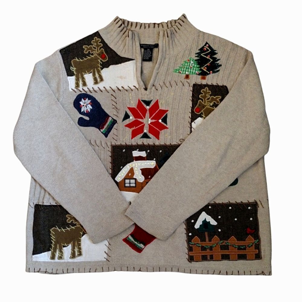 VTG 90s Beige Ugly Christmas Embroidered Quarter Zip Sweater 2X - Picture 7 of 15